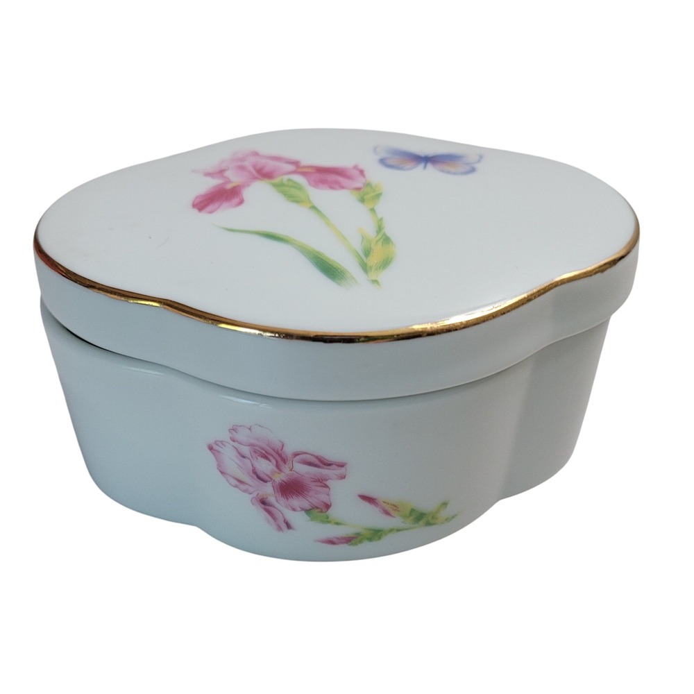 Porcelain Iris Butterfly Trinket/Jewelry Box White Pink Gold Trim Scalloped 4"